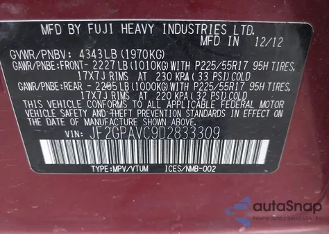 2013 Subaru Xv Crosstrek 2.0I Premium from USA, damaged, VIN JF2GPAVC9D2833309